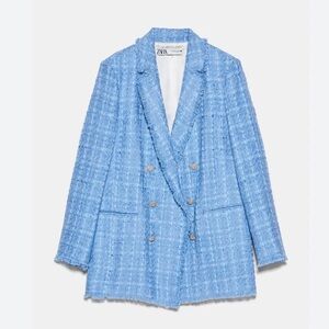 ZARA Tweed Long Jacket Blazer S sky BLUE silver crystallized buttons oversized